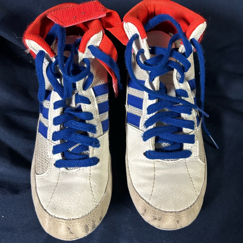 Adidas wrestling shoes with Red and Blue Accents